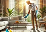 DALL·E 2025-03-13 18.12.36 - A bright and clean modern living room with sunlight streaming through large windows. A professional cleaner in a neat uniform is wiping down a coffee
