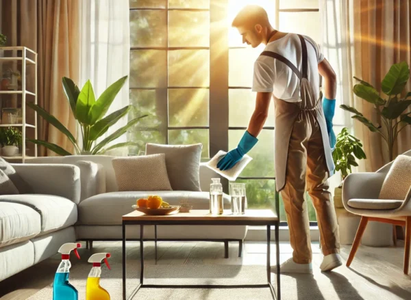 DALL·E 2025-03-13 18.12.36 - A bright and clean modern living room with sunlight streaming through large windows. A professional cleaner in a neat uniform is wiping down a coffee